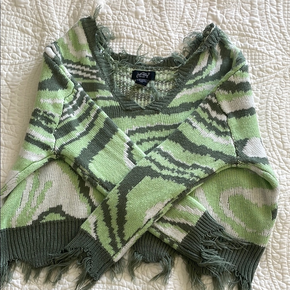 Chic Fringed V-Neck Sweater in Green and White